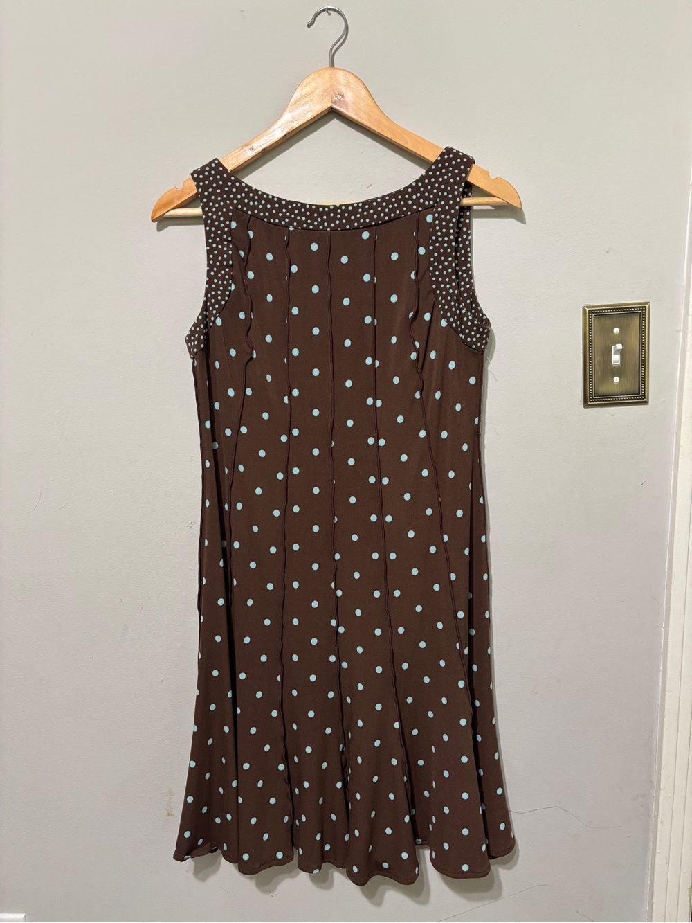 Sandra Darren Brown Swing Dress Blue Polka Dots Size 6 Medium